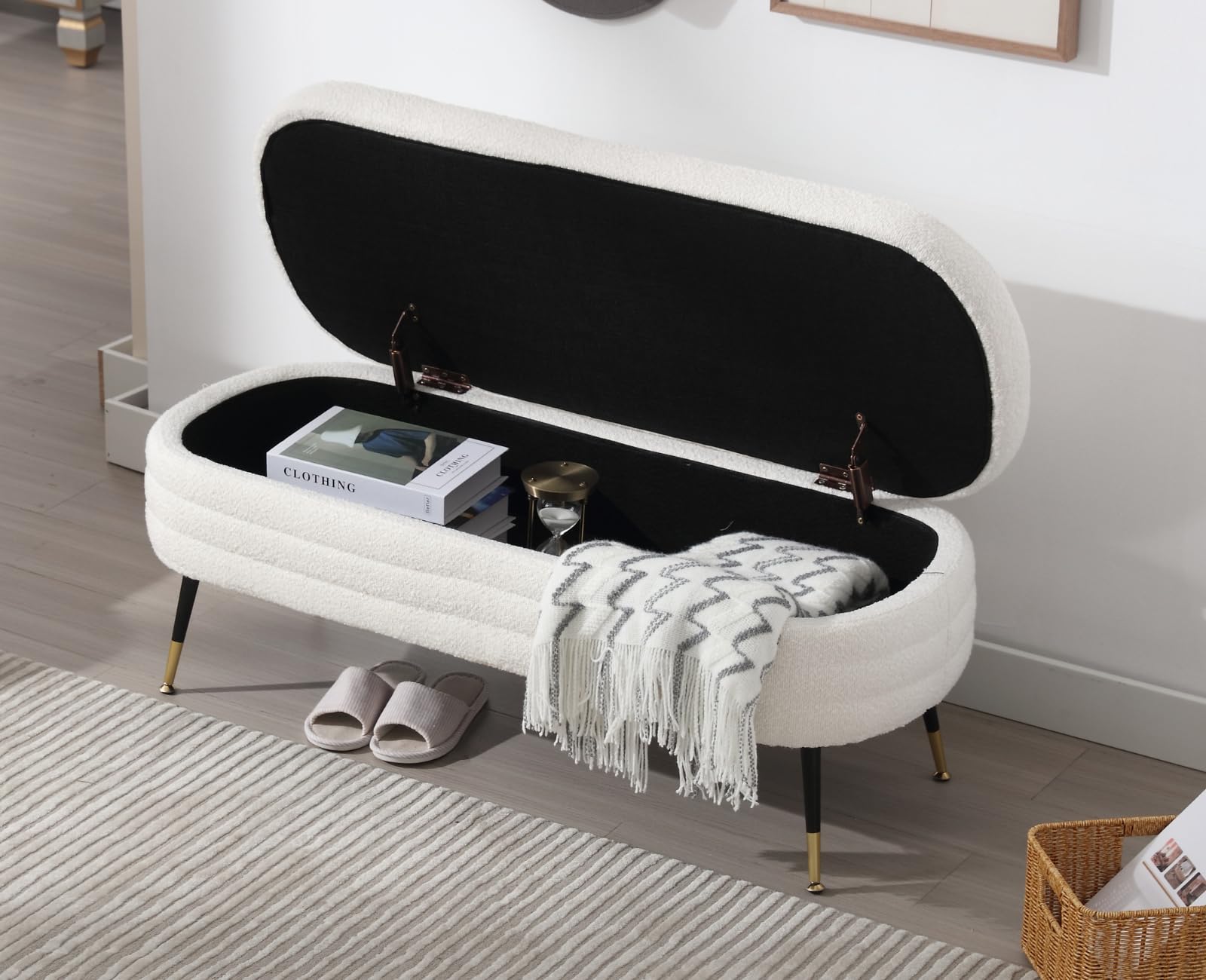 EALSON Modern Sherpa Storage Ottoman Storage Bench with Metal Legs