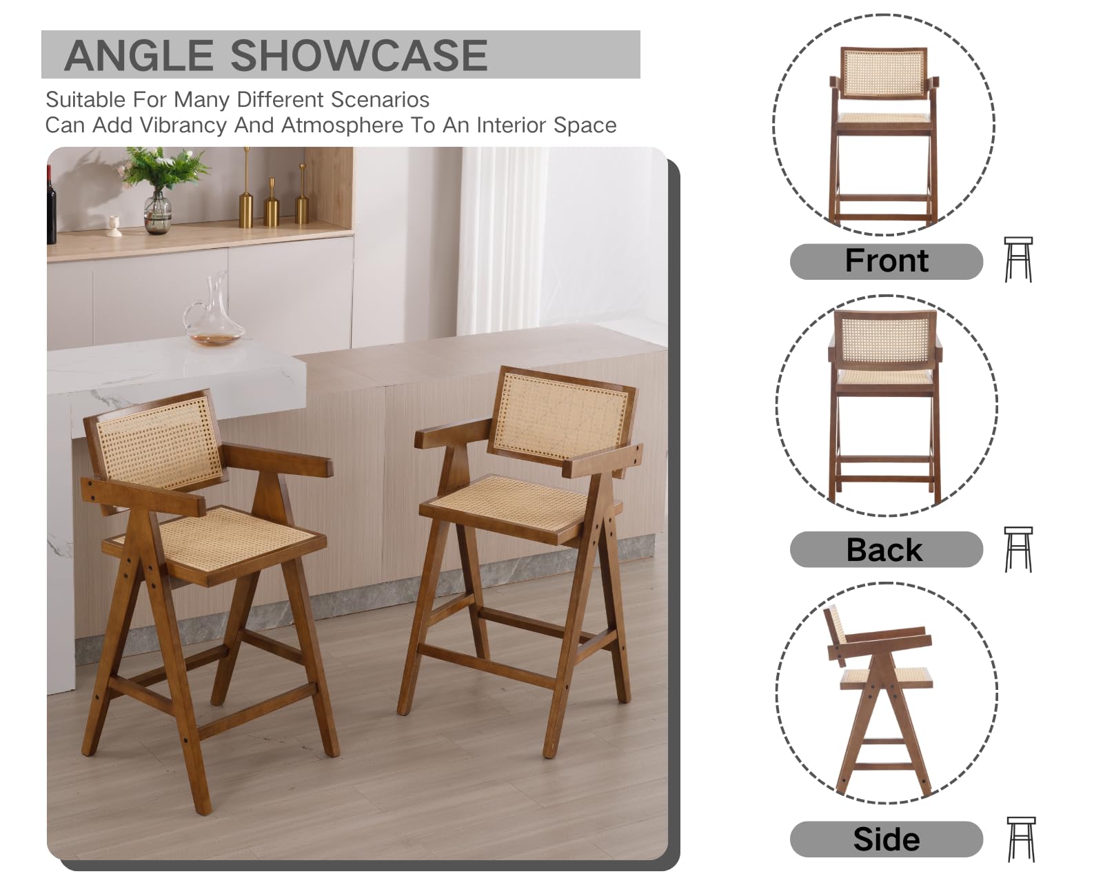 CIMOTA Farmhouse Wooden Woven Back Counter Height Bar Stools Set of 2 - 5805