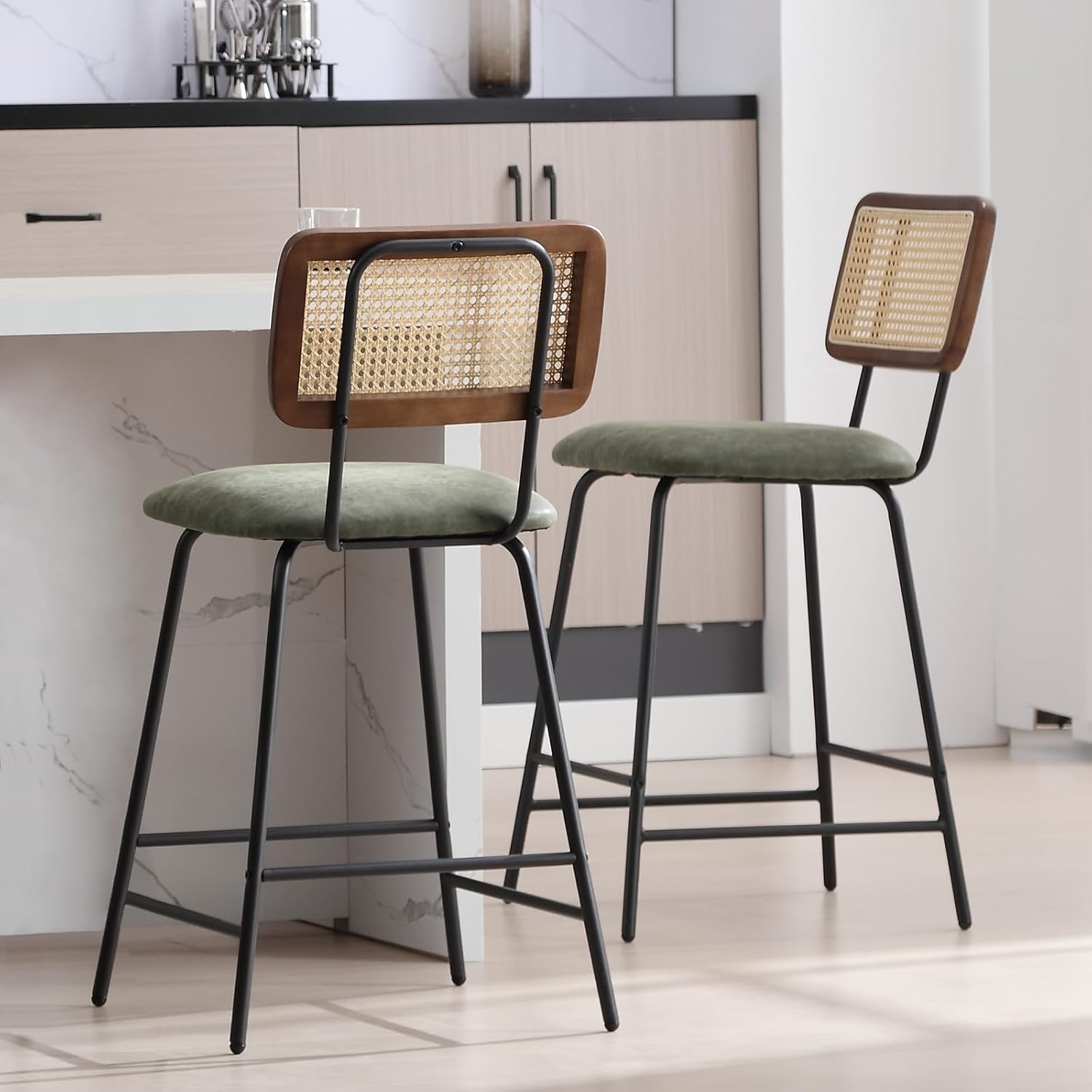 ZH4YOU 26'' Modern Pu Leather  Rattan Counter Height Bar Stools Set of 2 - 5348