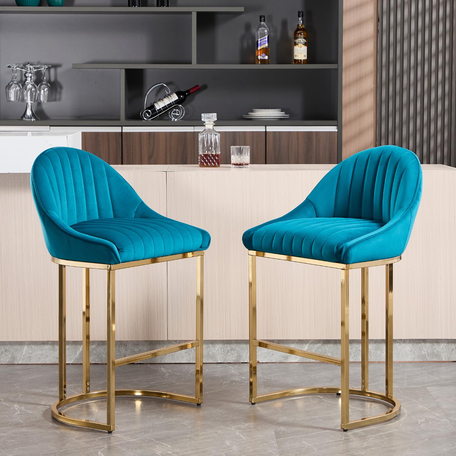 VESCASA 26” Chenille Upholstered Gold Legs Bar Stools Set of 2 - 9066