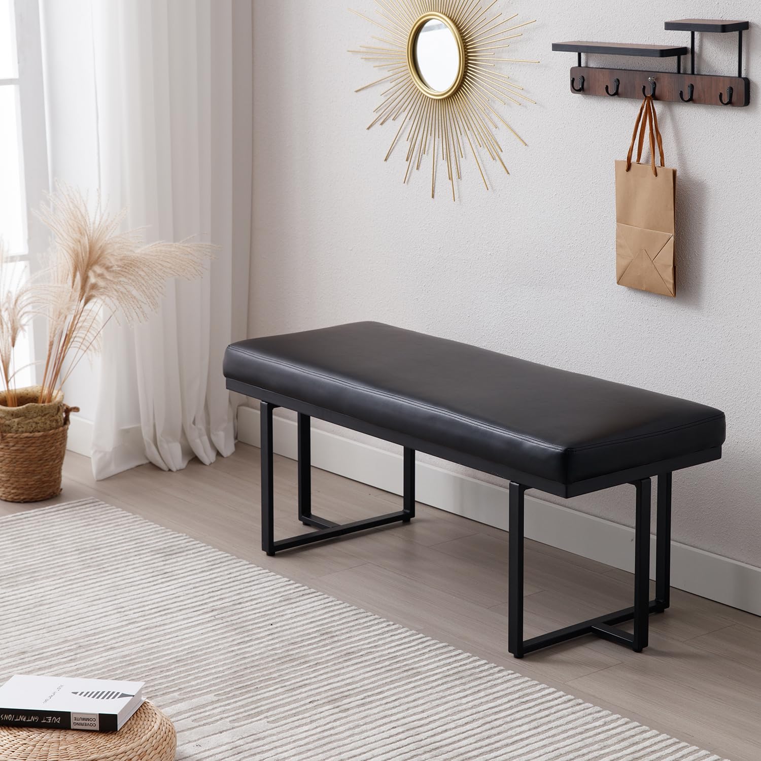 ZH4YOU 45" Modern Black Faux Leather Ottoman Bench for Bedroom - 1013