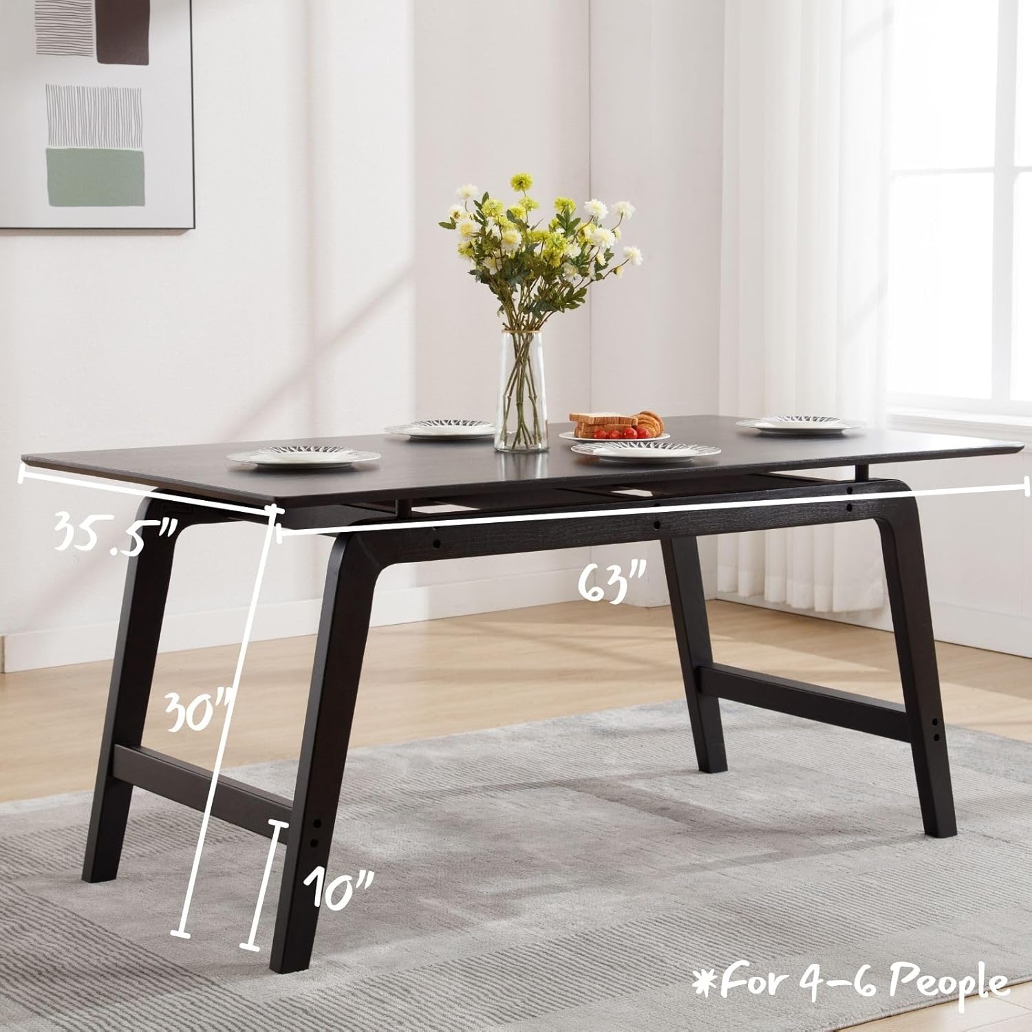 ZH4YOU 63'' W Black Modern Solid Wooden Rectangle Rustic Dining Room Table - 21795