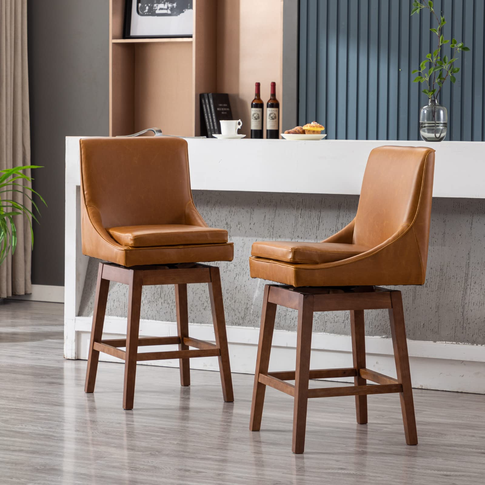 Janoray  40.5'' Swivel Brown PU Leather Counter Height Bar Stools Set of 2