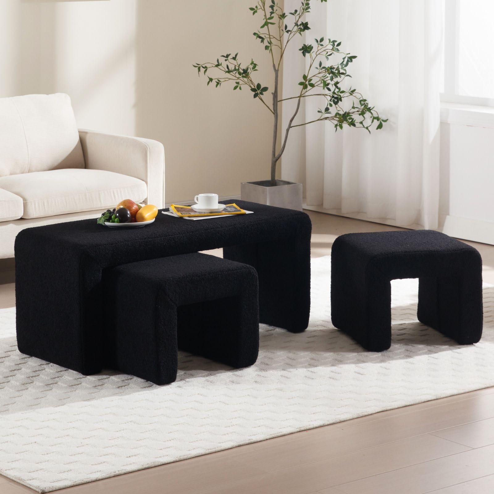 ROCITY Modern Boucle Bench White Sherpa Ottoman Bench Set of 3 - 1819