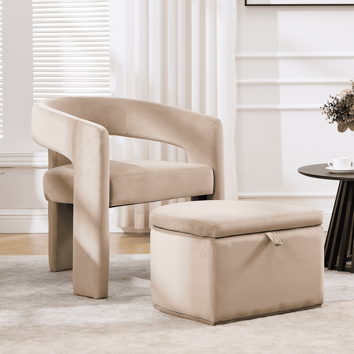 VESCASA Upholstered Chenille Barrel Side Armchair with Storage Ottoman Set - 71002