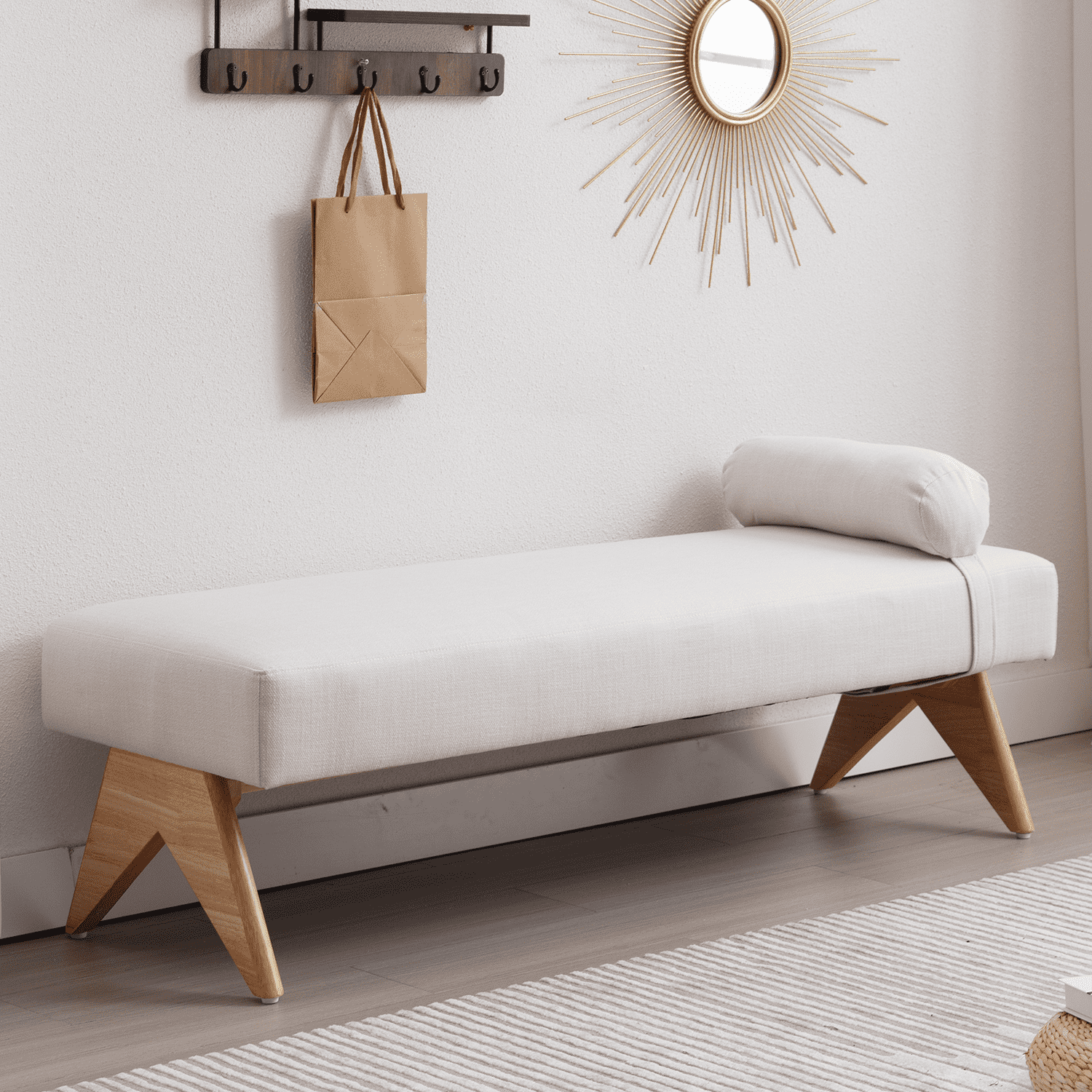 VESCASA 55" W Linen Upholstered Entryway Bench with Natural Wood Legs - 6684