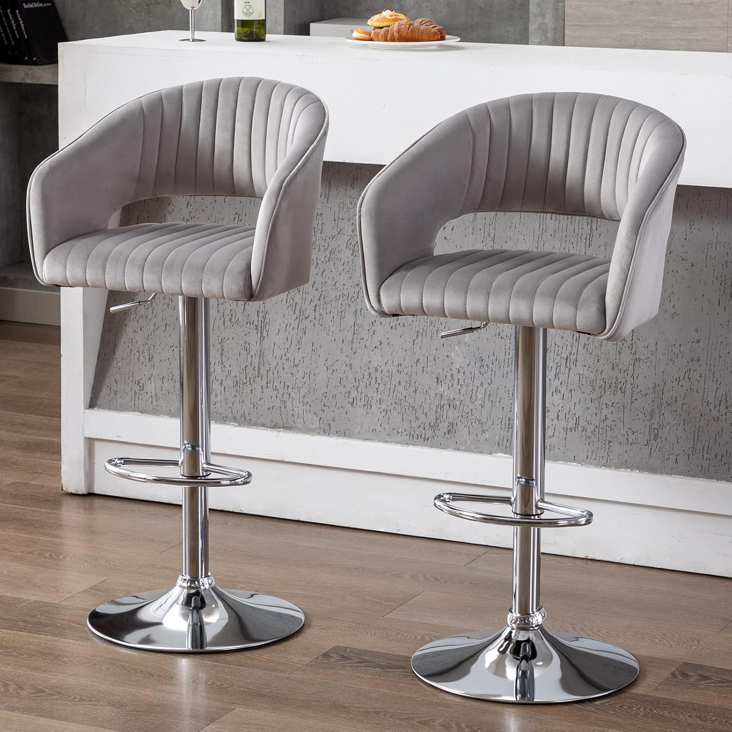 ZH4YOU Modern Adjustable Hollow Back Velvet Swivel Bar Stools Set of 2