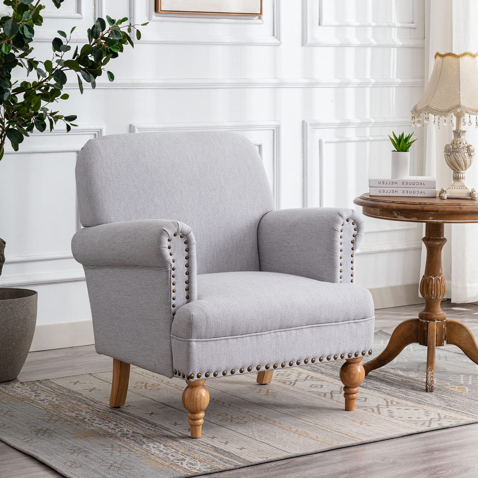 Janoray French Country Farmhouse Linen Accent Chair with Nailhead Trim