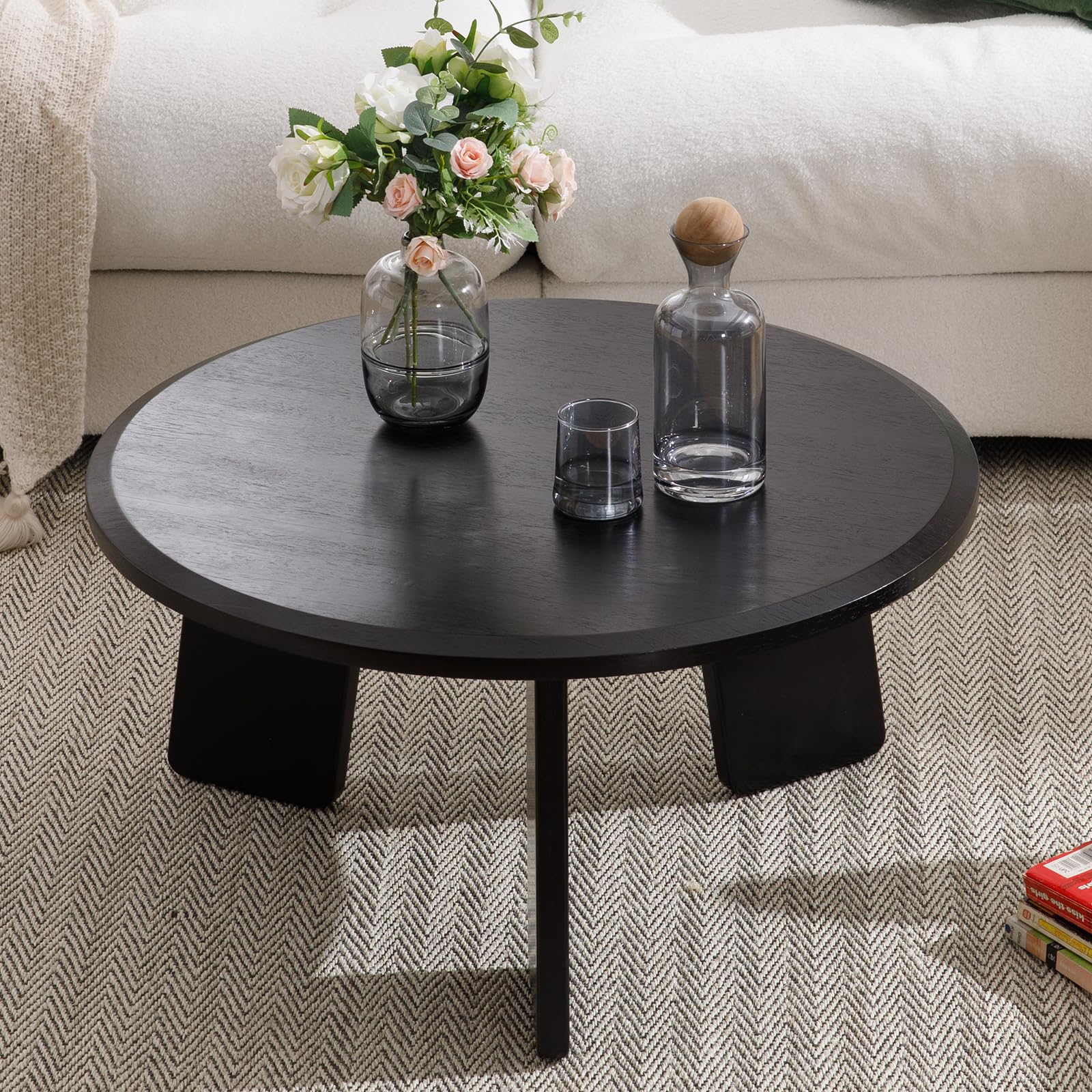 Kmax 31.5" Farmhouse WoodBlack Round Coffee Table