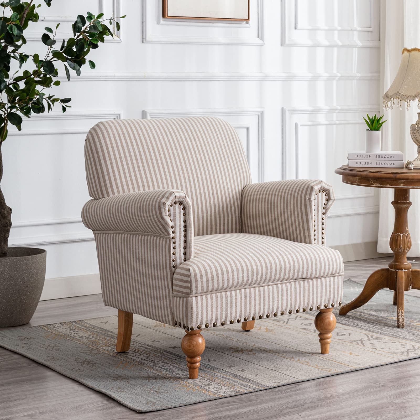 Janoray French Country Farmhouse Linen Accent Chair with Nailhead Trim