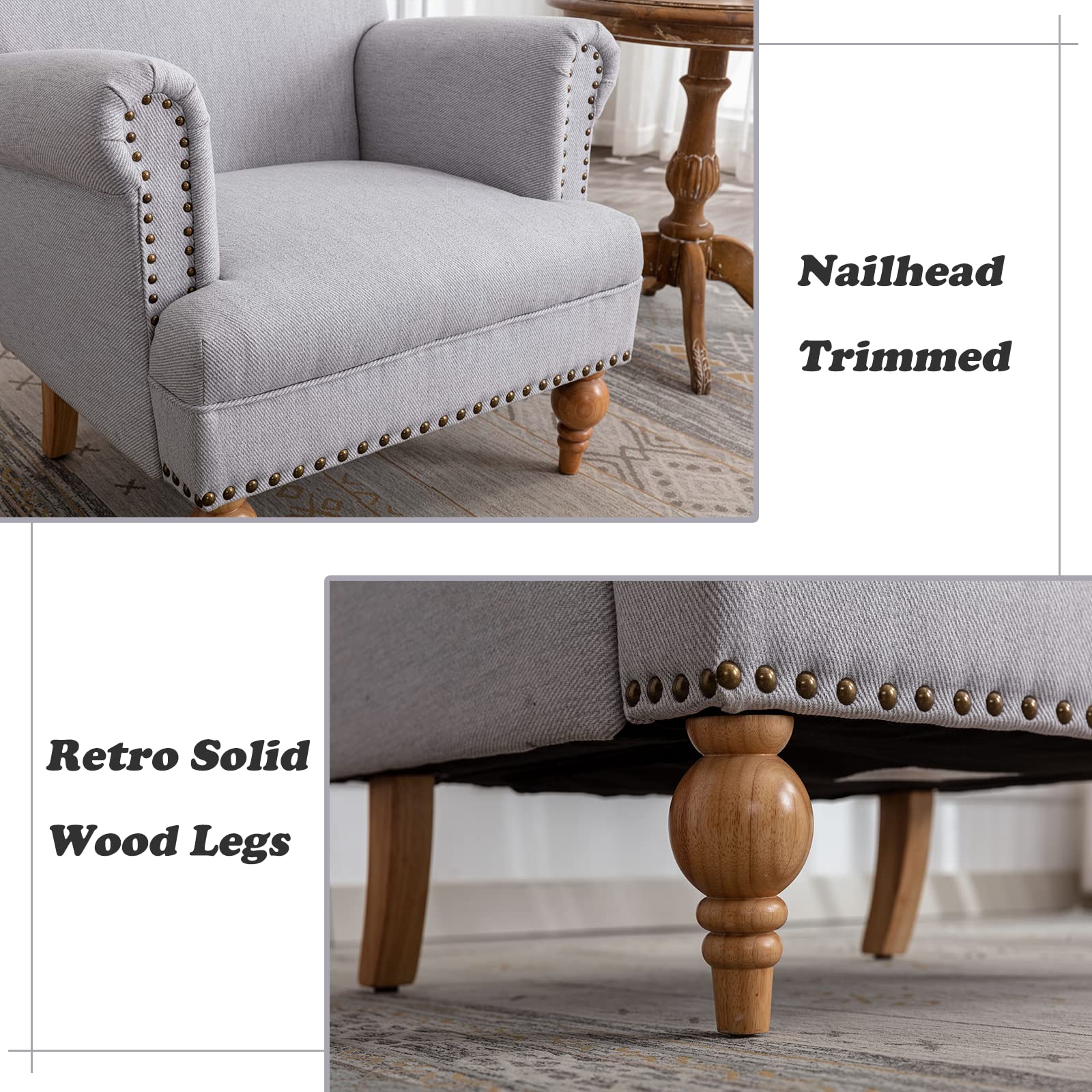 Janoray French Country Farmhouse Linen Accent Chair with Nailhead Trim