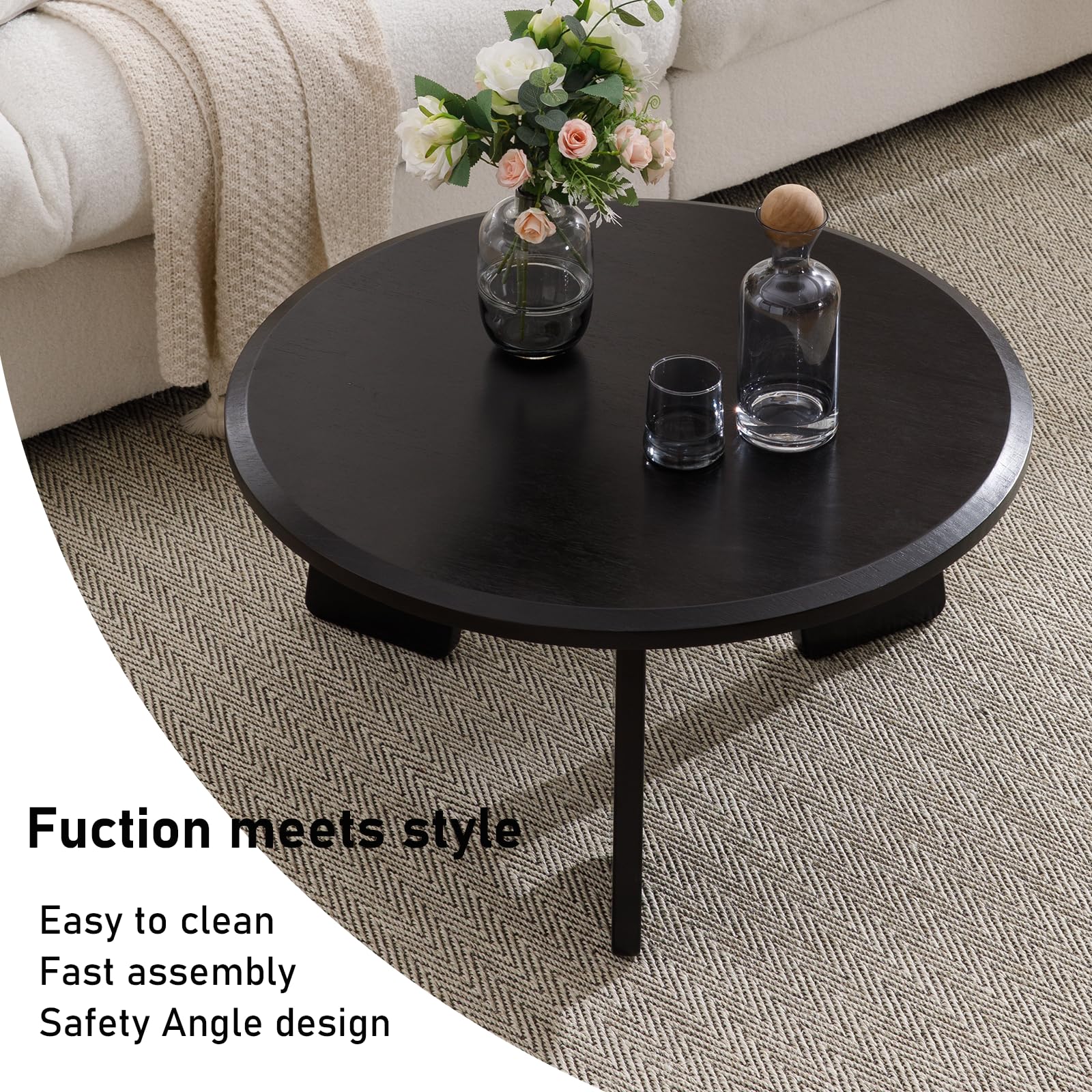 Kmax 31.5" Farmhouse WoodBlack Round Coffee Table