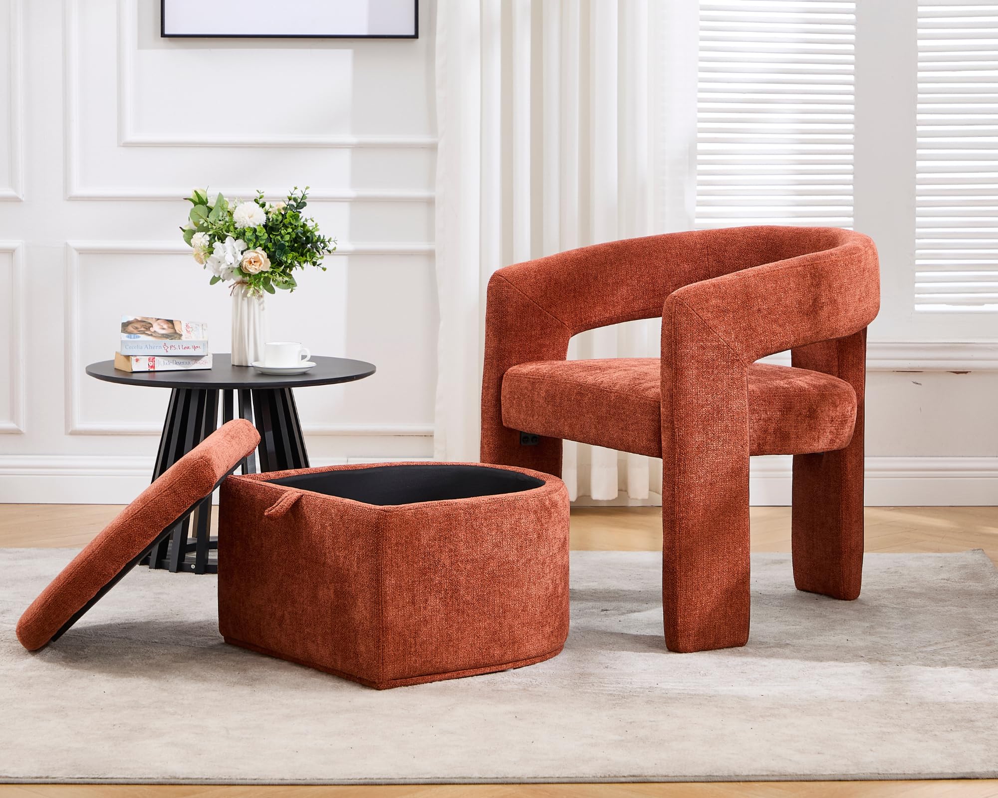 VESCASA Upholstered Chenille Barrel Side Armchair with Storage Ottoman Set - 71002