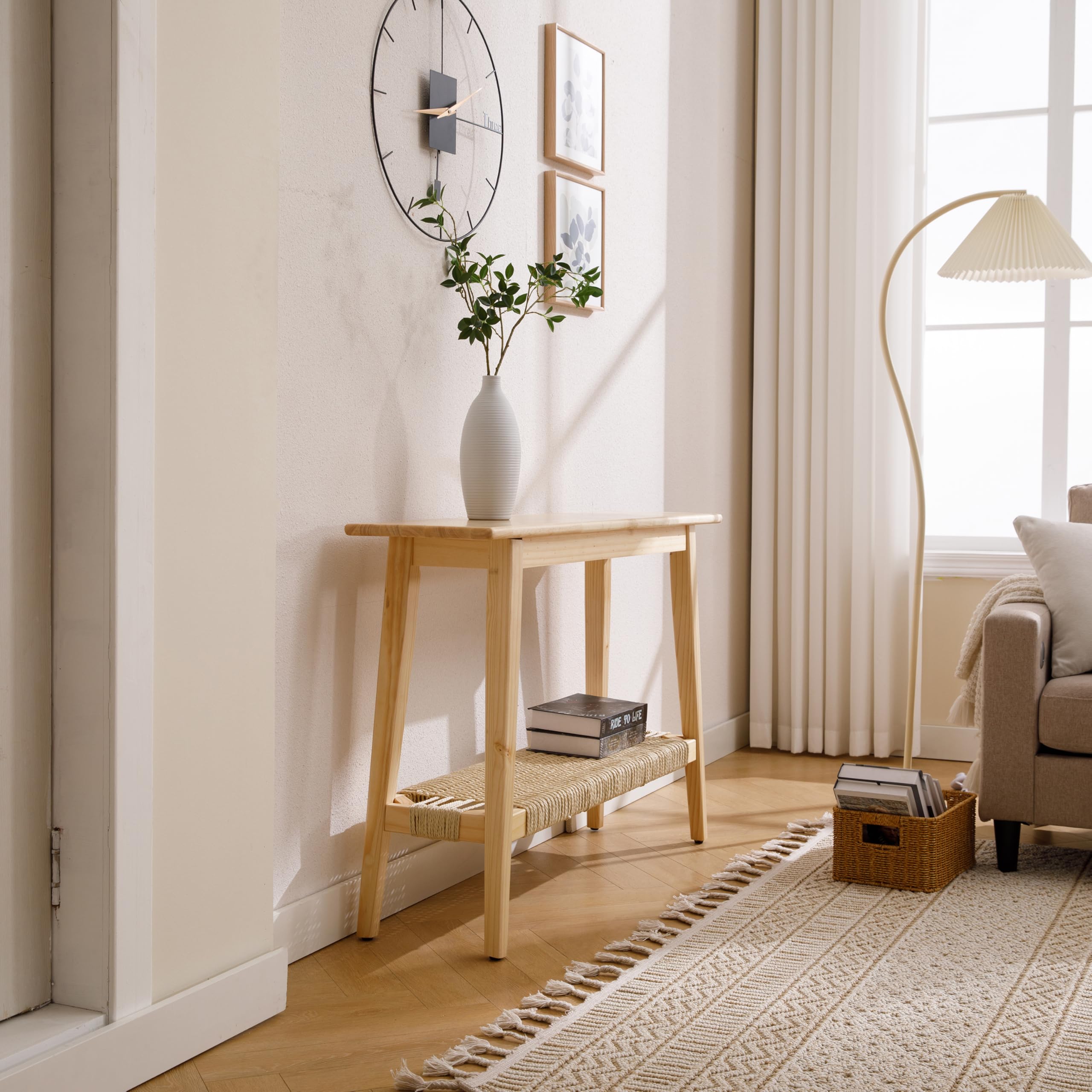 Kmax Farmhouse Natural Entryway Table with Rattan Storage Shelf