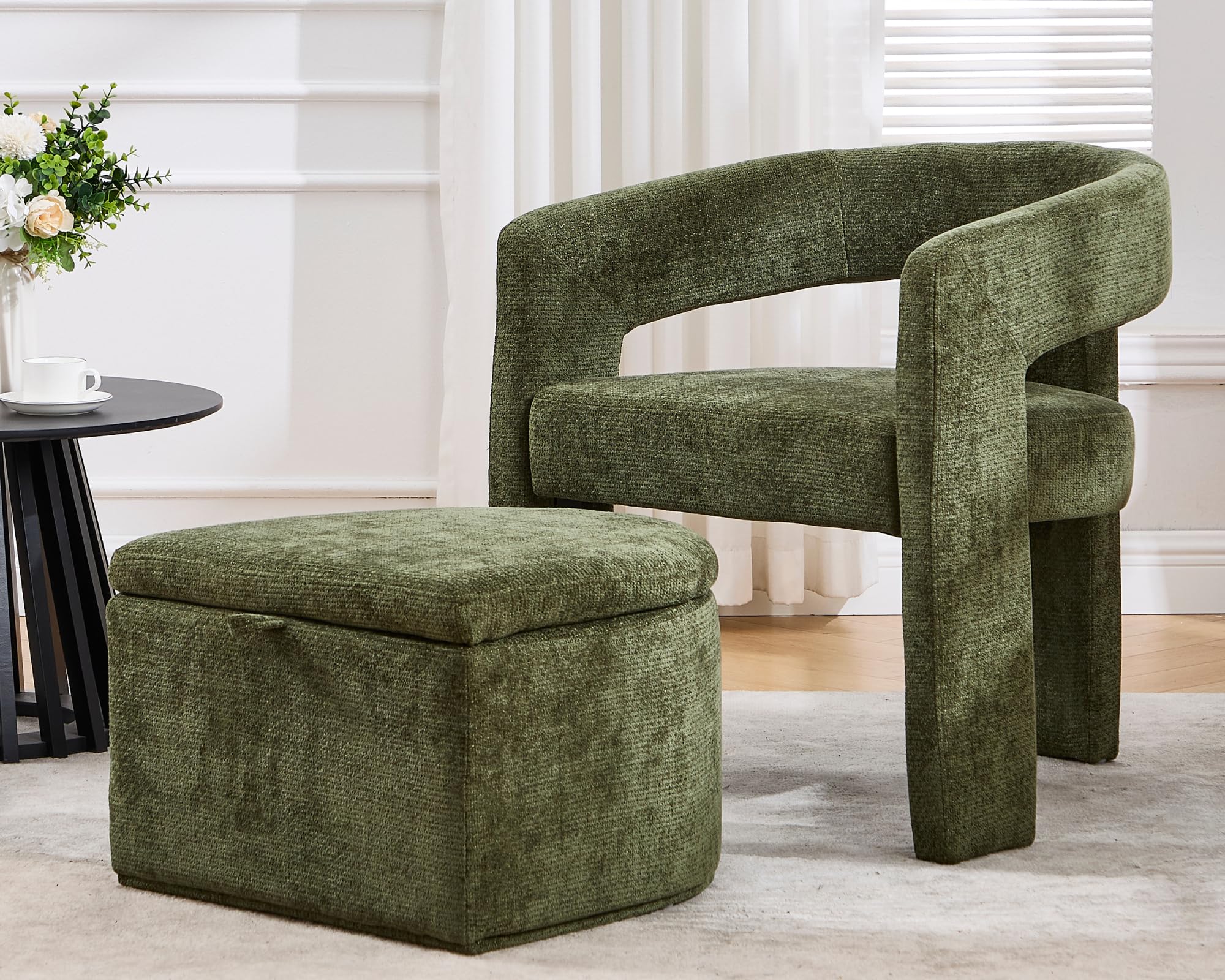 VESCASA Upholstered Chenille Barrel Side Armchair with Storage Ottoman Set - 71002