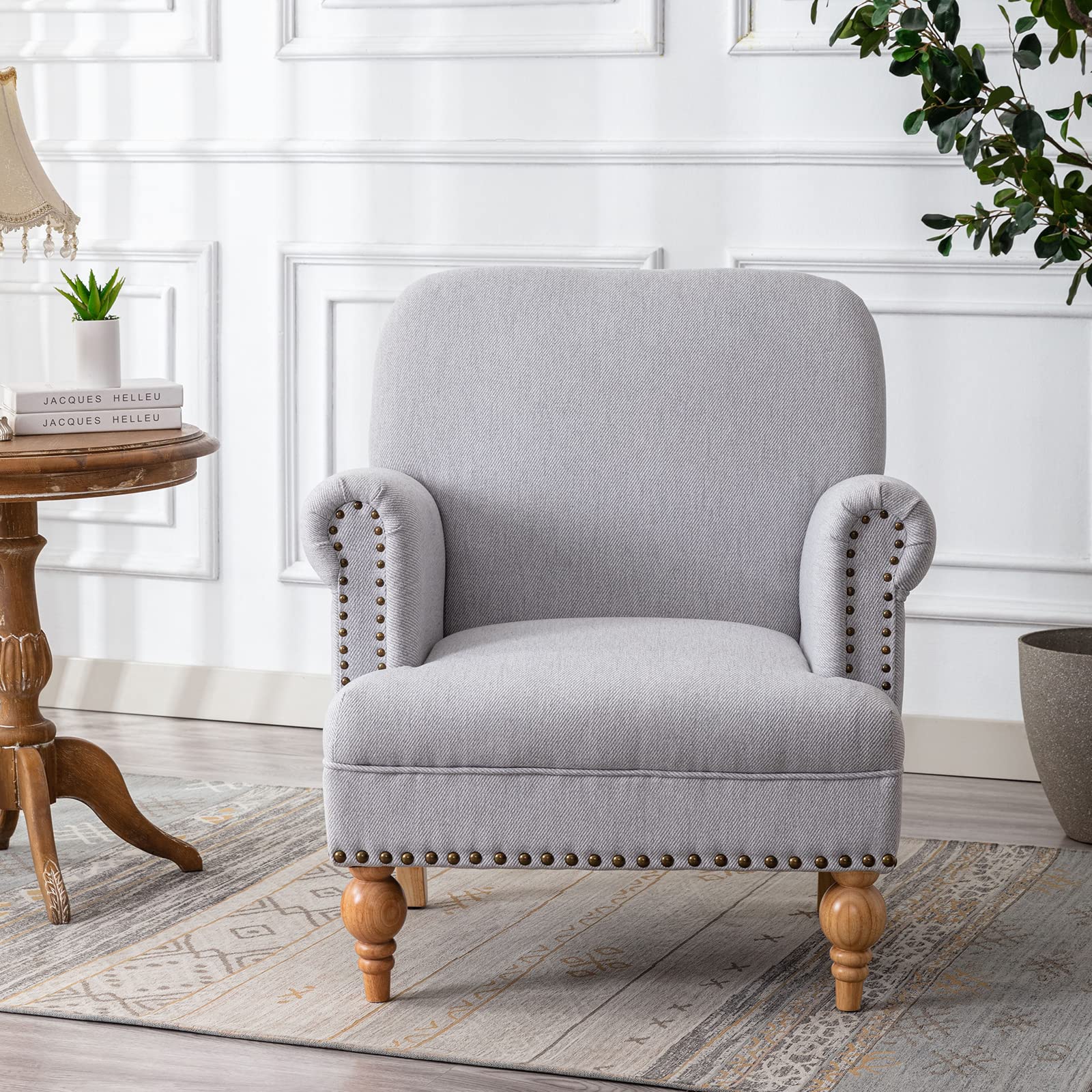 Janoray French Country Farmhouse Linen Accent Chair with Nailhead Trim