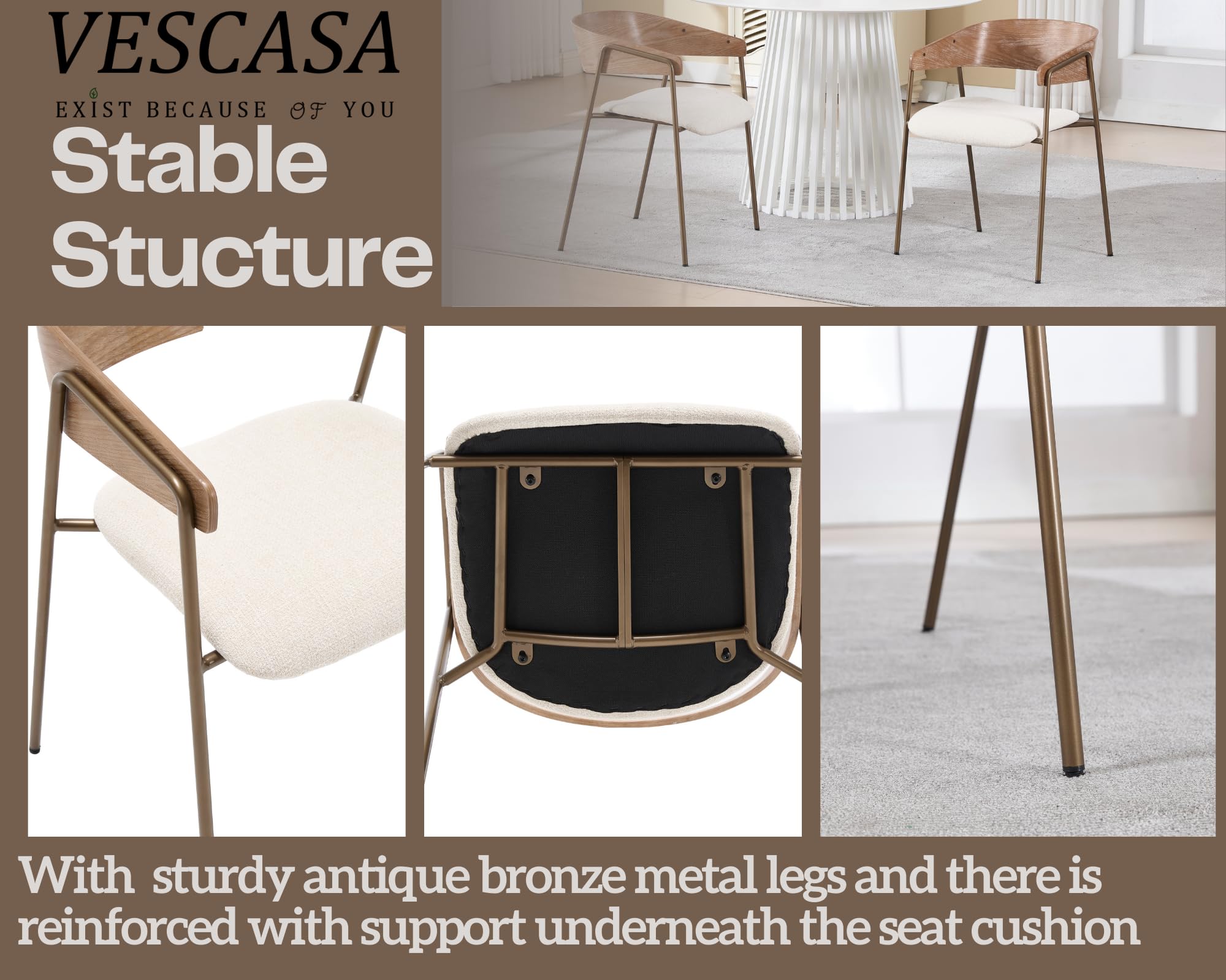 VESCASA Modern Dining Chairs Set of 2 with Bronze Metal Legs - 6127