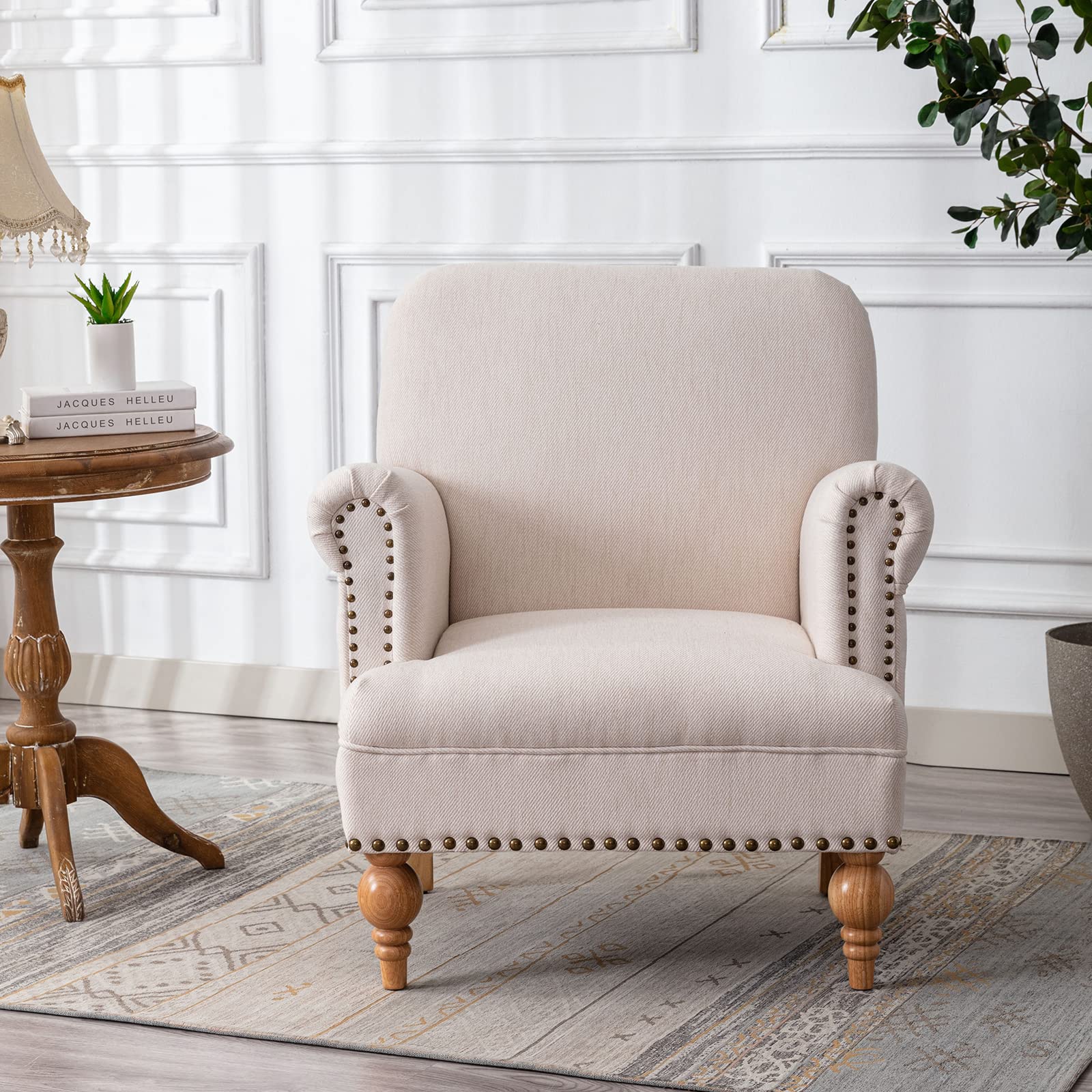 Janoray French Country Farmhouse Linen Accent Chair with Nailhead Trim