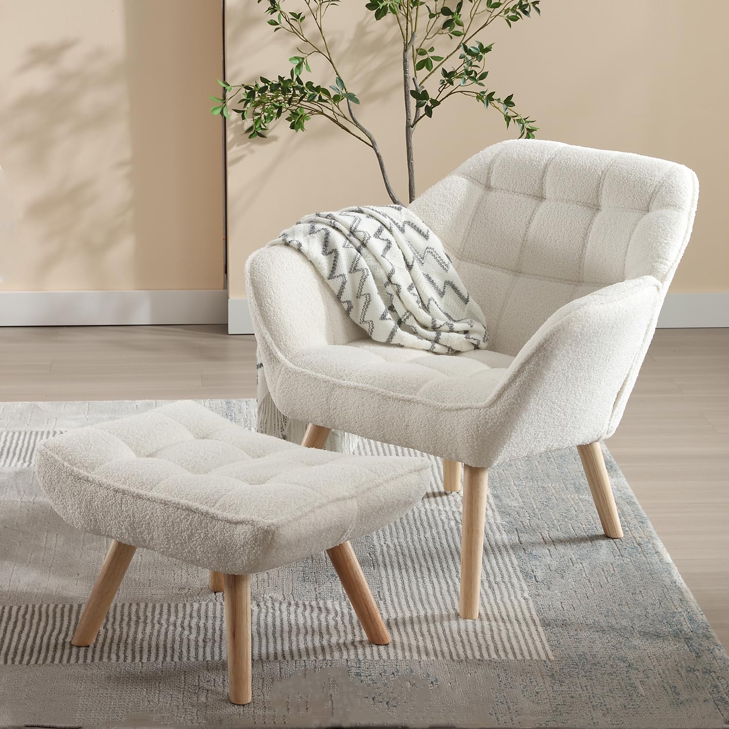 ZH4YOU Modern Sherpa Accent Reading Chair with Ottoman - 8904