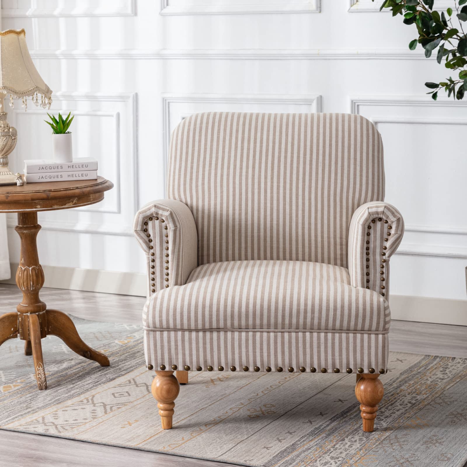 Janoray French Country Farmhouse Linen Accent Chair with Nailhead Trim