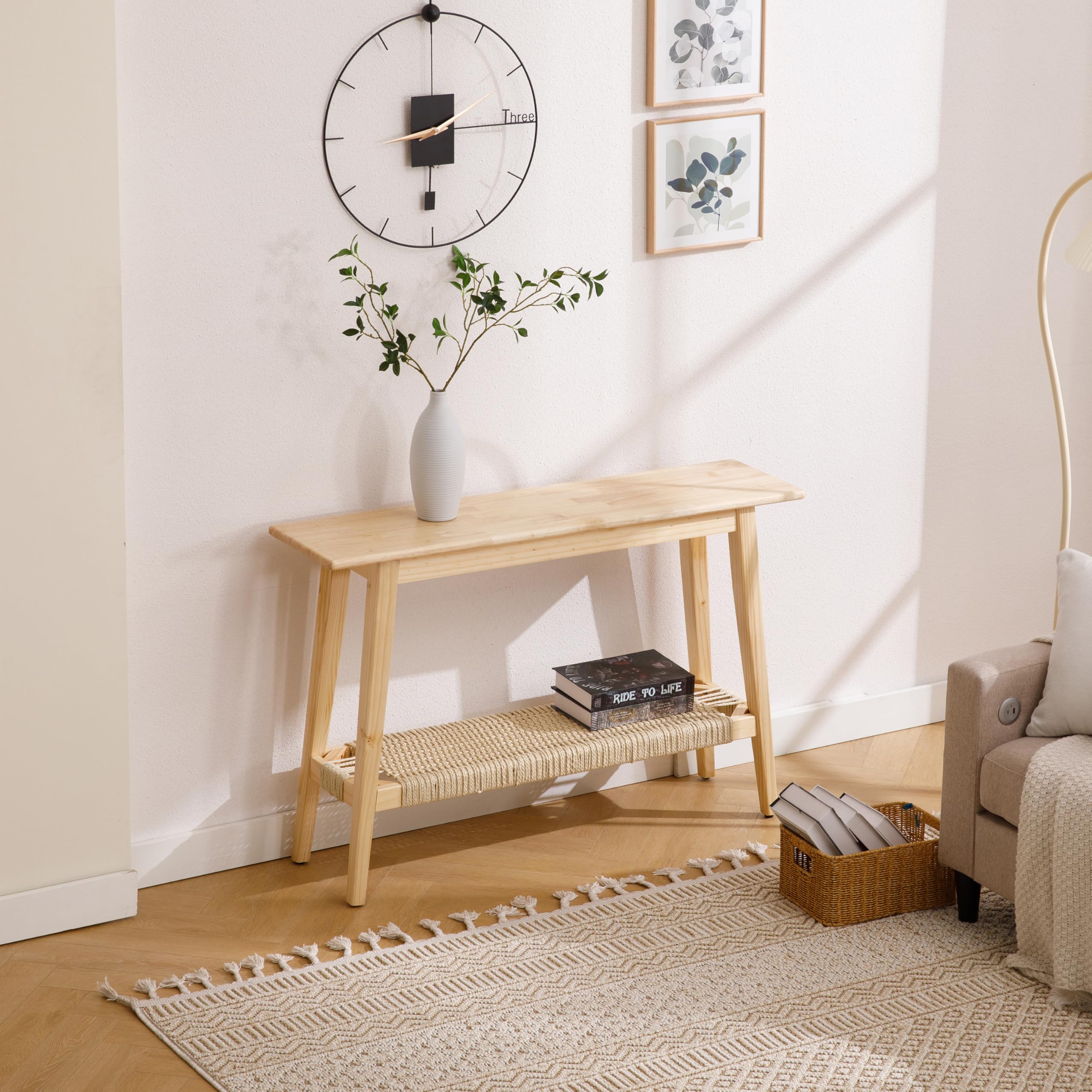 Kmax Farmhouse Natural Entryway Table with Rattan Storage Shelf