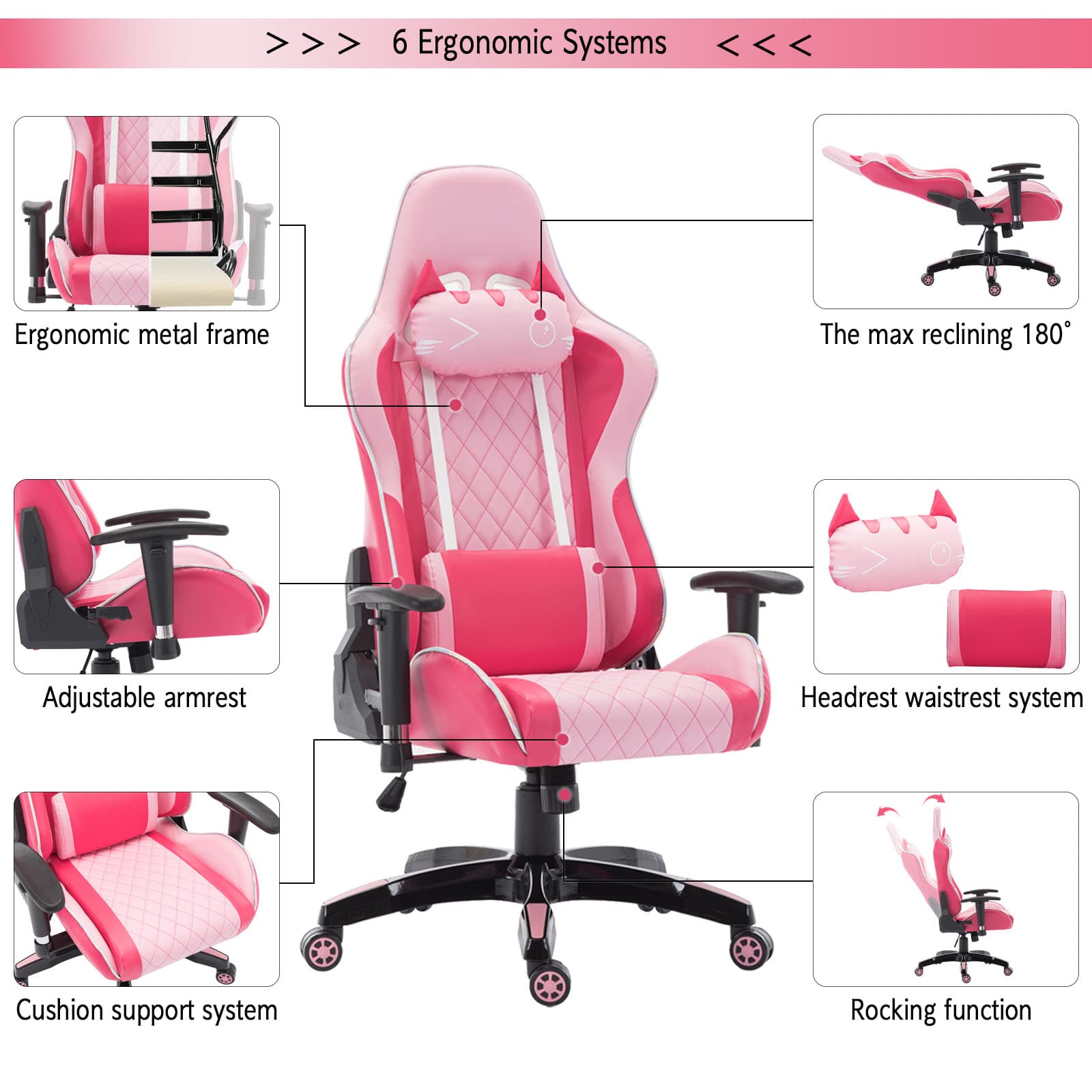 ROCITY Cute Pink Computer Ergonomic Reclining PC Gaming Chair 1 PCS - X148