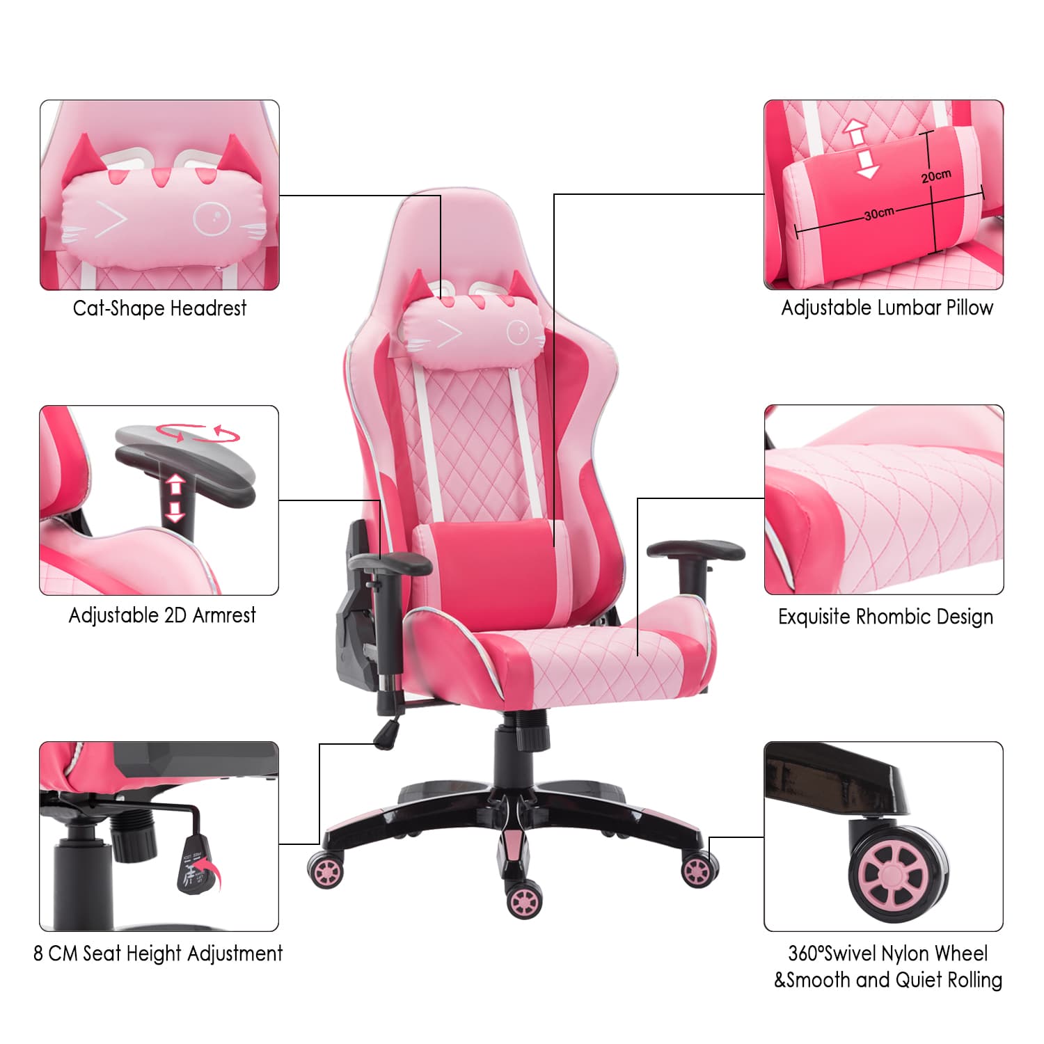 ROCITY Cute Pink Computer Ergonomic Reclining PC Gaming Chair 1 PCS - X148