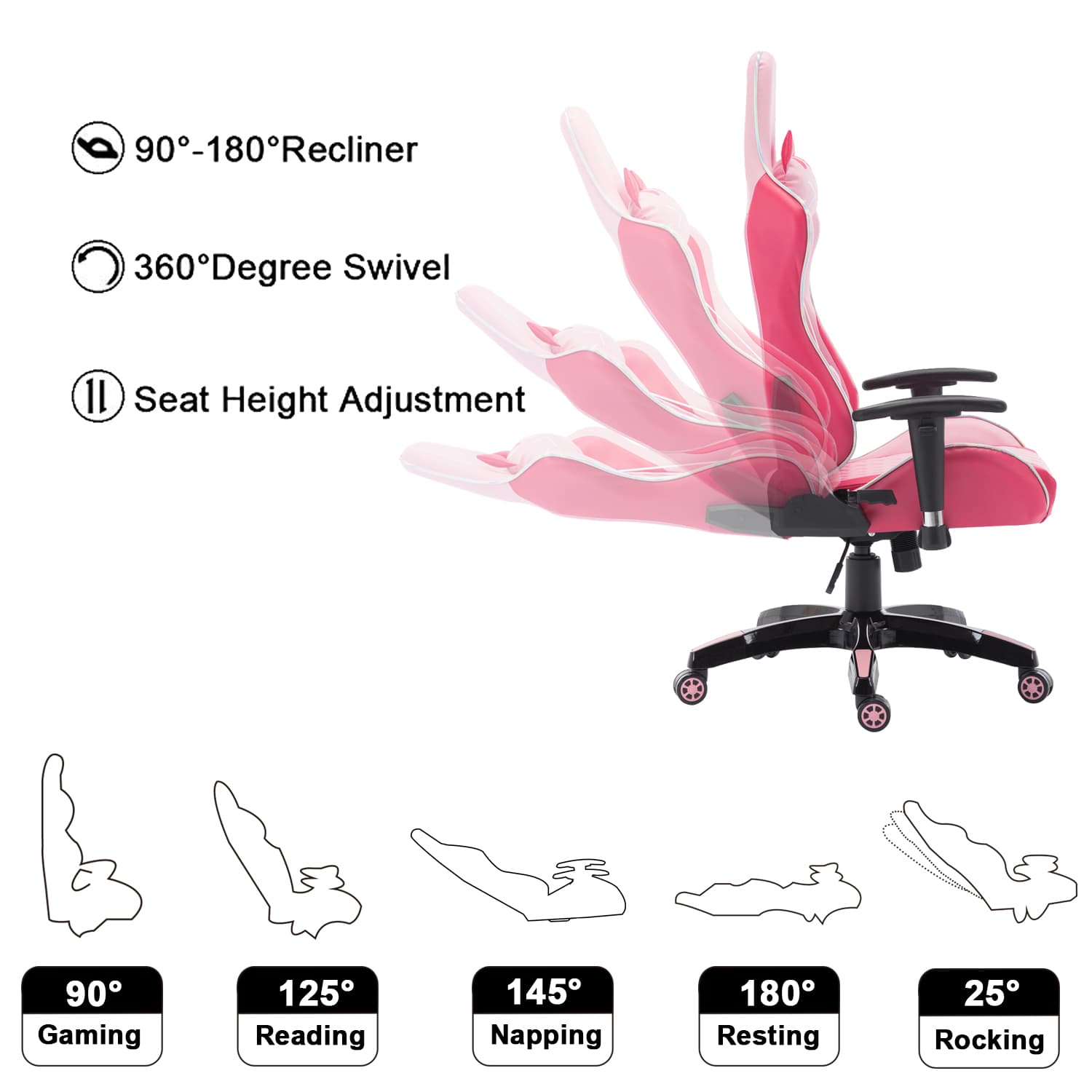 ROCITY Cute Pink Computer Ergonomic Reclining PC Gaming Chair 1 PCS - X148