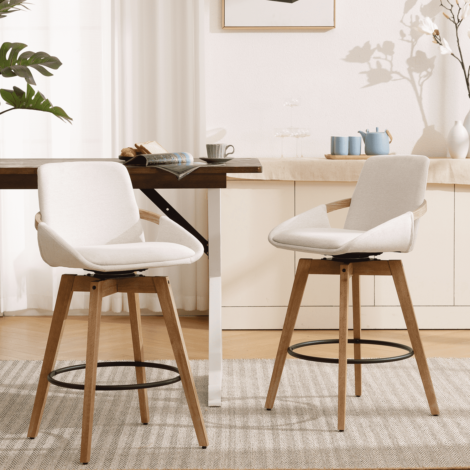 CIMOTA Modern Wooden Curved Back Swivel Bar Stools Set of 2 - 3088