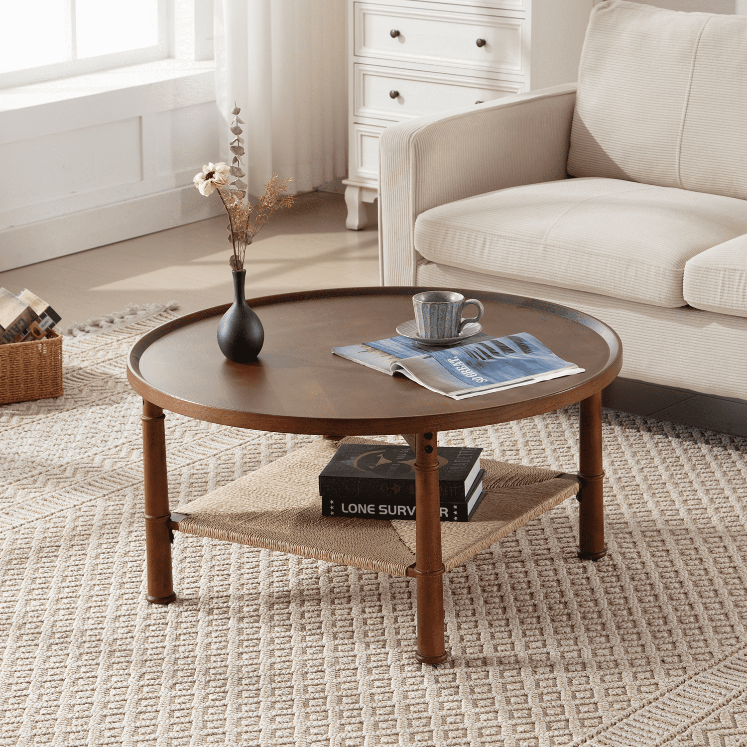 ROCITY 31.5 Inch Walnut Round Wooden Coffee Table with Storage - 22747