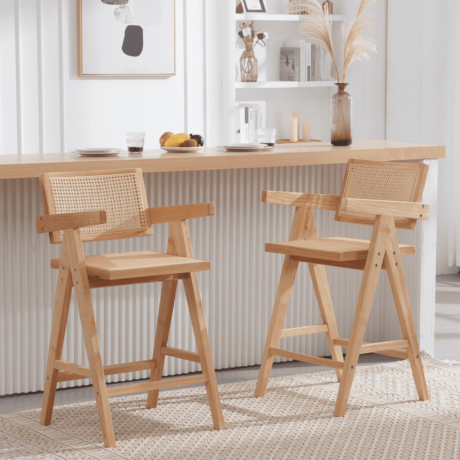 CIMOTA Farmhouse Wooden Woven Back Counter Height Bar Stools Set of 2 - 5805