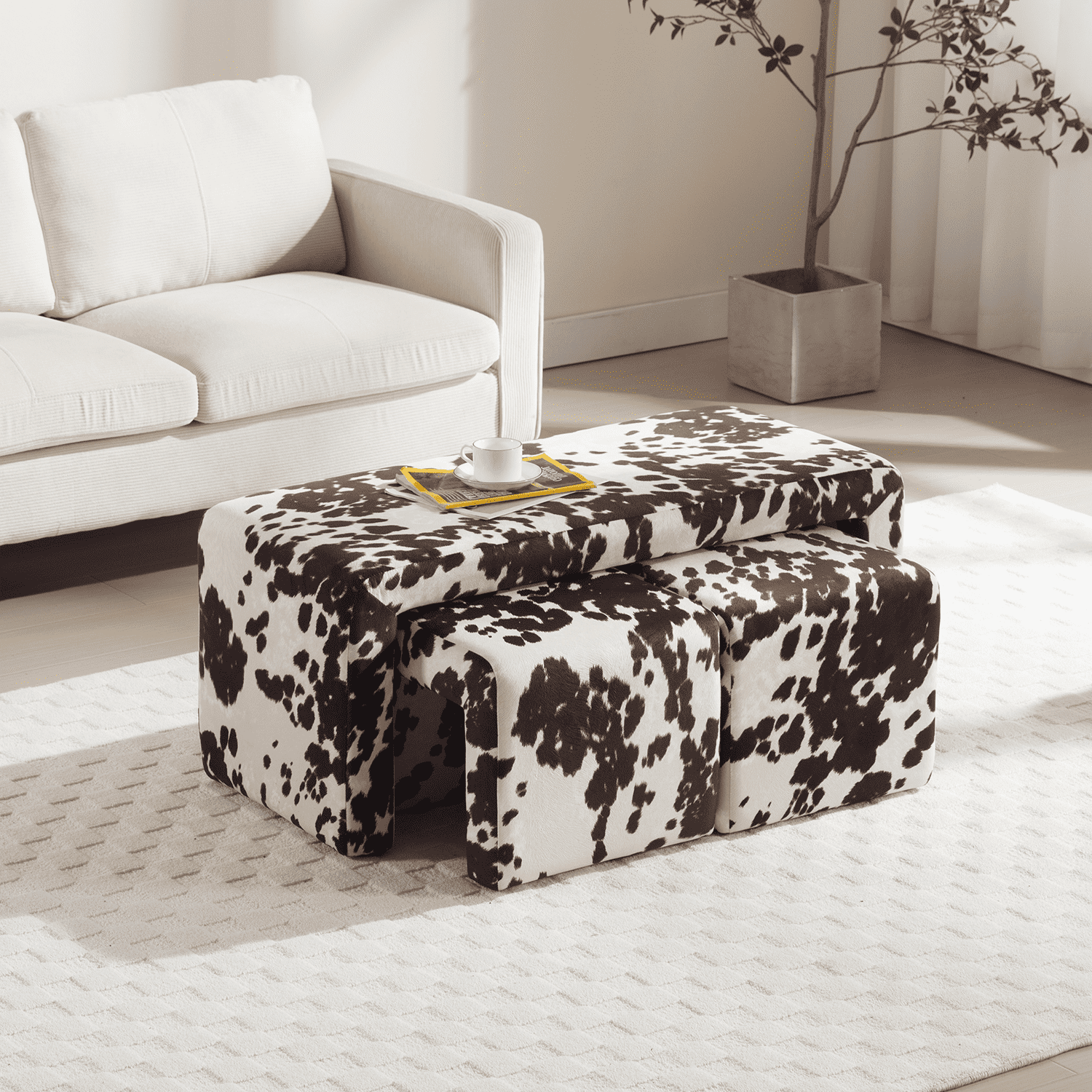 ROCITY Modern Boucle Bench White Sherpa Ottoman Bench Set of 3 - 1819