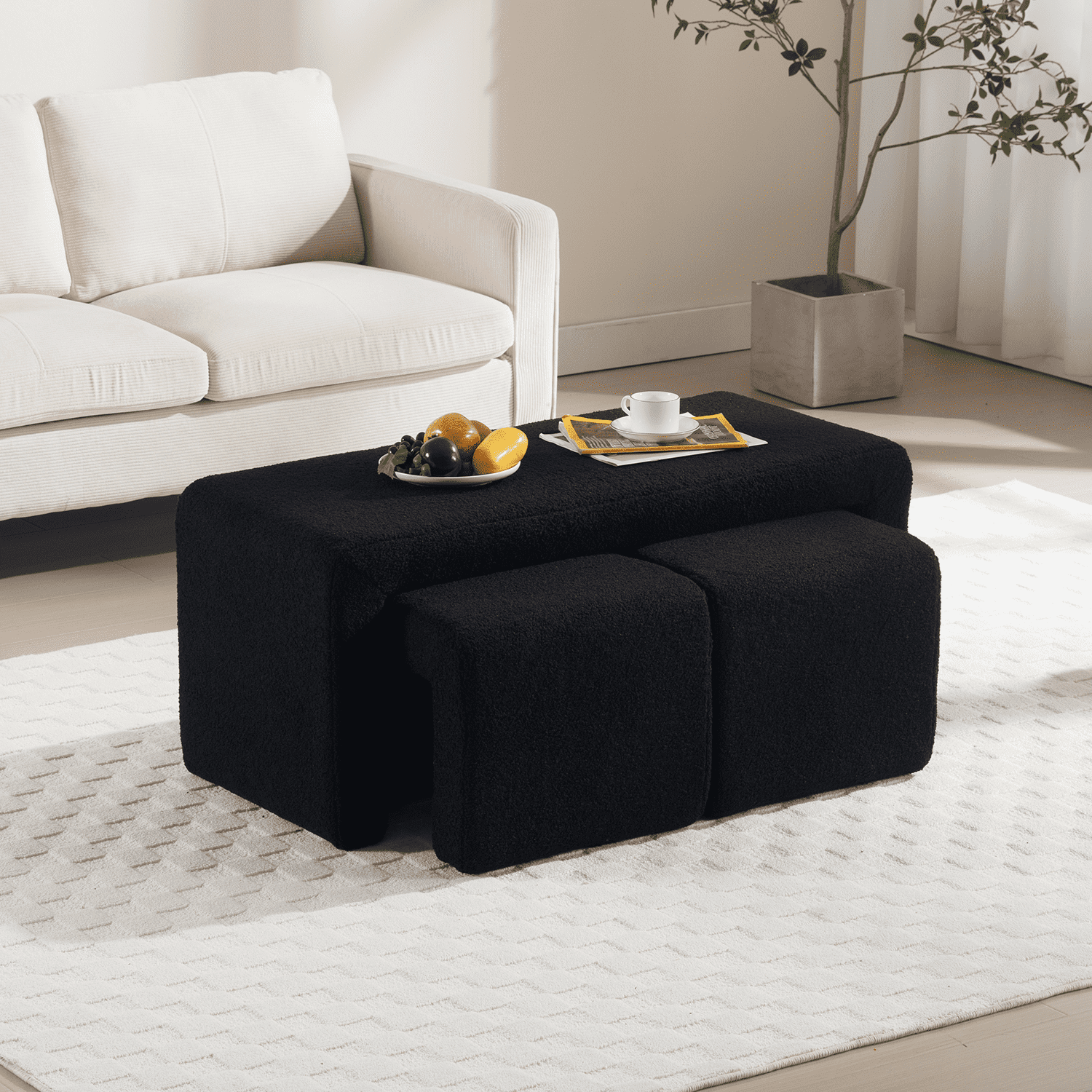 ROCITY Modern Boucle Bench White Sherpa Ottoman Bench Set of 3 - 1819