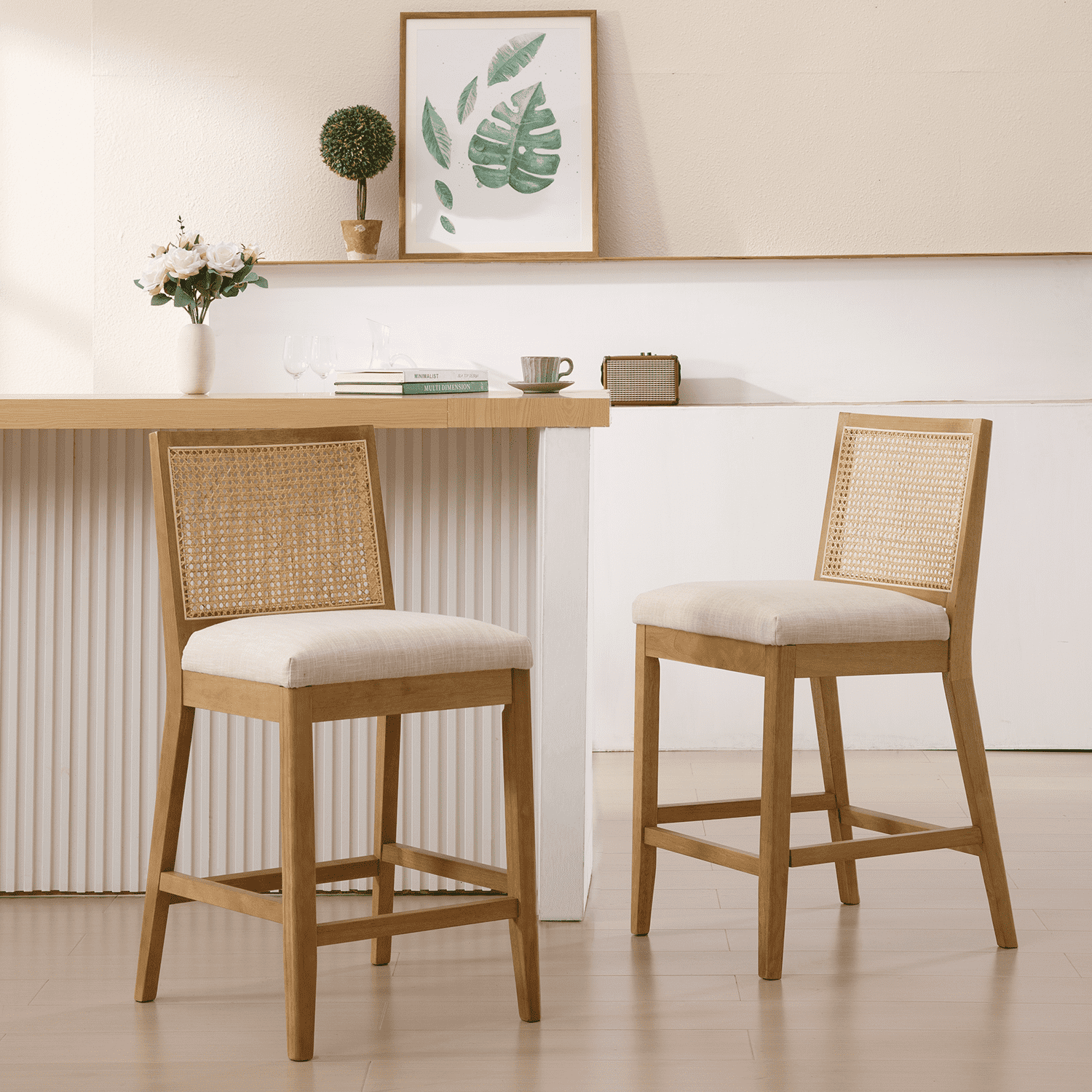 EALSON 26.5" Rattan Back Upholstered Counter Stools Set of 2 - 5802